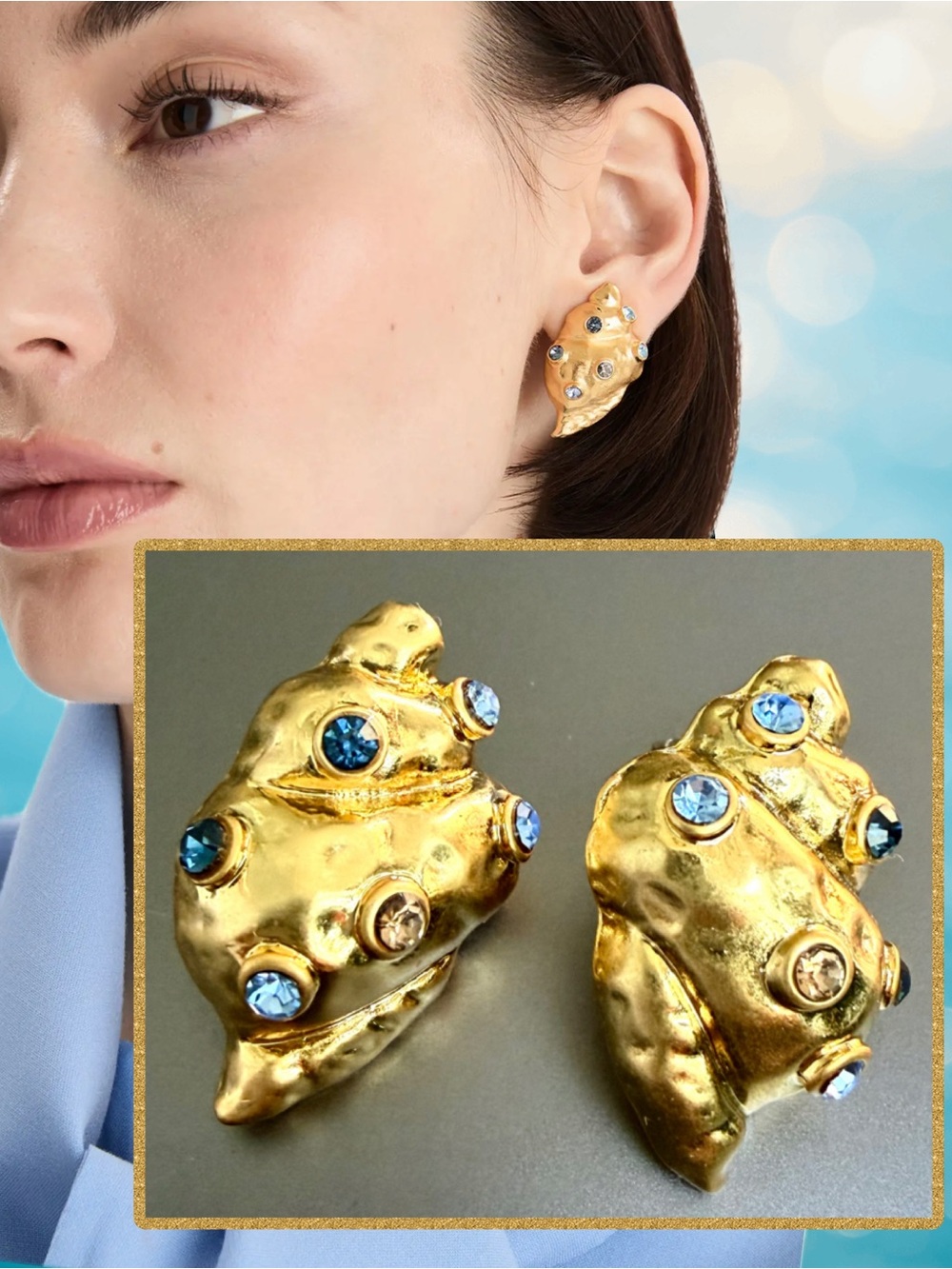 Oscar de la Renta Earrings Gold Seashell with Sapphire Crystal Accents - Post